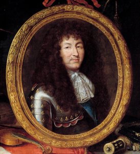 Ludvig XIV:n Ranskan kuninkaan (1638-1715) muotokuva Yksityiskohta. Jean Garnierin (1632-1705) maalaus 1600-luvulta. Mitat 1,74 x 2,23 m tekijältä Jean Garnier