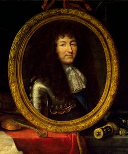 Ludvig XIV:n muotokuva Ranskan kuninkaan (1638-1715), taiteen ja tieteen suojelijasta Kuninkaan muotokuvaa ympäröivät musiikki-instrumentit (viola de gamba, viulukitara) ja tieteelliset instrumentit (neliö, taivaanpallo, kompassit). Yksityiskohta. Maalauks tekijältä Jean Garnier