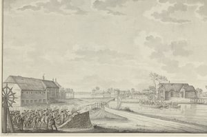 Preussilaisten hyökkäys eversti Van Brushin johdolla Duivendrechtin sillalle, 1. lokakuuta 1787 tekijältä Jean George Teissier (signed by artist)