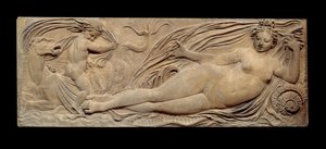 Nymfi ja pieni henki ratsastaa merihevosella; Nymfi ja Triton kahden pienen genin ympäröimänä. Matala helpotus. Jean Goujonin (1510-1567) kiviveistos
