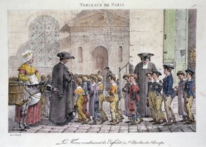 Entinen katukauppa Pariisissa: veljekset ajamassa lapsia Saint Nicolas des Champsiin (Saint-Nicolas-des-Champs), katolinen koulu - Jean Henry Marlet