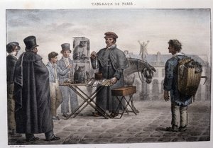 Entinen katumies Pariisissa: rotan kuoleman kauppias (camelot). Jean Henri Marketin (1771-1847) kaiverrus "" Les Tableaux de Paris" -sarjassa, 72 vedoksen sarja, 1800-luvun loppu.