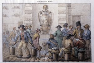 Entinen katumetsä Pariisissa: vesisäiliö suihkulähteen edessä. Kaiverrus Jean Henry Marlet (1771-1847) teoksessa "" Les Tableaux de Paris"", 72 vedoksen sarja, 1800-luvun loppu. tekijältä Jean Henri Marlet