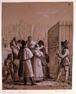 Polichinelle lähellä Pont des Artsia Pariisissa, Marketin vieressä noin 1800-luvun puolivälissä tekijältä Jean Henri Marlet