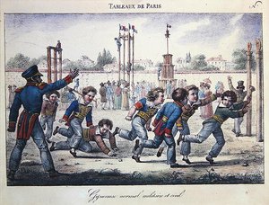Urheilu- ja voimistelukoulutus pojille, kohtaus "Tableaux de Paris" -sarjasta, n. 1820 (värilitho) tekijältä Jean Henri Marlet