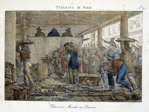 Pariisin uudet kalamarkkinat - Brocasin litografia tekijältä Jean Henri Marlet