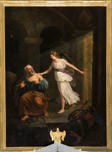 Seurakuntakirkko (Nederbrakel, Sint-Pieter-in-de-Bandenin seurakuntakirkko). Sisustus. maalaus. "Enkelin ja Tuomaan vapauttama pyhä Pietari". Jean-Henri DeCoene. Noin 1835. tekijältä Jean Henri de Coene
