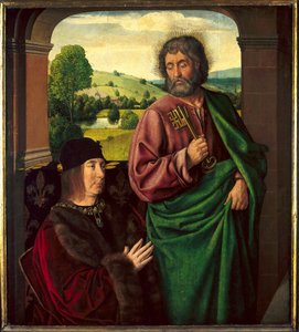 Pierre II de Beaujeun, Bourbonin herttuan (1439-1505) muotokuva Maitre de Moulinsin tai Jean Heyn (1450-1505) Saint Pierren maalaus. Aurinko 0,73 x 0,65 m