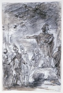 Kohtaus Arioston teoksesta "Orlando Furioso": Rodomonte ja Mandricardo kertovat asiansa Agramanten edessä. tekijältä Jean Honore Fragonard