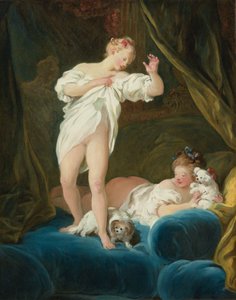Kaksi tyttöä sängyllä leikkimässä koiriensa kanssa tekijältä Jean Honore Fragonard