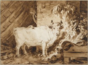 Valkoinen härkä ja koira tallissa tekijältä Jean Honore Fragonard
