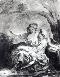 Rakkauden kohtaamispaikka (seepia paperilla) tekijältä Jean Honore Fragonard