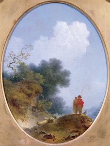 Paimen soittaa huilua samalla kun talonpoikatyttö kuuntelee, 1765 tekijältä Jean Honore Fragonard