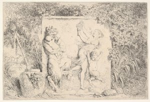 Bareljeef, jossa vasemmalla satyri pitelee kahta vauvaa ja toinen lapsisatiiri oikealla..., 1763. tekijältä Jean Honore Fragonard