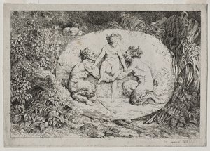 Bacchanales: Nymph, jota tukee kaksi satyyriä tekijältä Jean Honore Fragonard