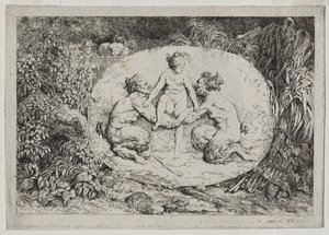 Bacchanales: Nymfi, jota tukee kaksi satyyriä, 1763. tekijältä Jean Honore Fragonard