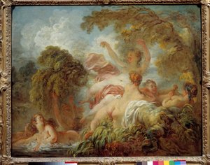 Uimarit Ryhmä alastomia nuoria naisia uimassa. Jean Honore Fragonardin (1732-1806) maalaus 1700-luvun aurinko. 0,64x0,8 m tekijältä Jean Honore Fragonard