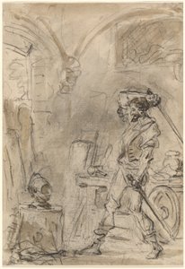 Don Quijote on iskemässä kypärää tekijältä Jean Honore Fragonard