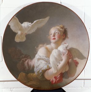 Tyttö pitelee kyyhkystä tekijältä Jean Honore Fragonard