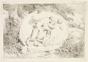 Nymfi ratsastaa satyyrin selässä, Bacchanales eli Satyyrien leikit -teoksesta. tekijältä Jean Honore Fragonard