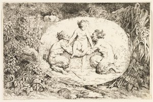 Nymfi istuu kahden satiirin käsissä Bacchanalesista eli satiirien leikeistä. tekijältä Jean Honore Fragonard