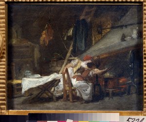 "Pres du poele" (Liedellä) Kohtaus keittiössä, lieden lähellä, kokit katselevat ruuan valmistusta kattilassa. Jean Honore Fragonardin (1732-1806) maalaus. Öljy kankaalle. Rokokoo. Pushkin-museo, Moskova tekijältä Jean Honore Fragonard