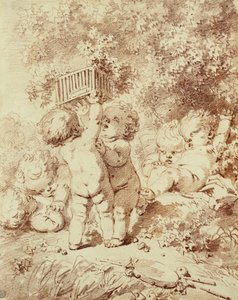Kuusi puttia leikkimässä, kaksi pitelemässä häkkiä, tekijältä Jean Honore Fragonard
