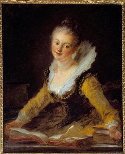 Opiskelu. Nainen on toimistossaan selaamassa kirjoja oppiakseen. Jean Honore Fragonardin (1732-1806) maalaus tekijältä Jean Honore Fragonard