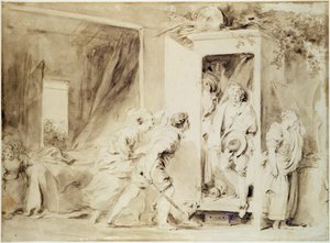 Yllättynyt rakastaja, 1755 (ruskea lyijykynä liidun päällä alustava piirustus) tekijältä Jean Honore Fragonard
