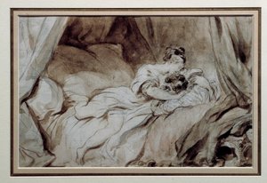 Onnellinen hetki Pari silitti toisiaan sängyssä. Jean Honore Fragonardin (1732-1806) piirustus Bistre Washissa 1700-luvun yksityinen kokoelma tekijältä Jean Honore Fragonard