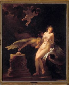 Ruusun uhri Alaston nuori nainen uhrialttarin edessä, jolle on laskettu ruusu (hänen neitsytensä?) ja olento ailee. Jean Honore Fragonardin (1732-1806) maalaus. 1700-luvun yksityinen kokoelma tekijältä Jean Honore Fragonard