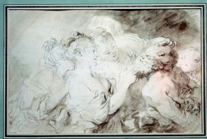 Nuoret tytöt painivat satyyrin kanssa Nuoret naiset pitävät hauskaa satyyrin parran kanssa. Jean Honore Fragonardin (1732-1806) piirustus Bistre Washissa 1700-luvun yksityinen kokoelma tekijältä Jean Honore Fragonard