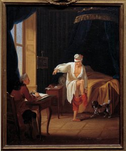 Kirjailija ja filosofi Voltaire (1694-1778) sanelee sihteerilleen Collinille Jean Huberin (1721-1786) Ferneyn maalauksen 1700-luvun Sun. 0,37 x 0,31 m Paris Musee Carnavalet