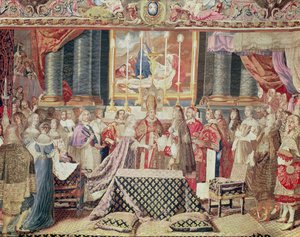 Kuninkaan häät (Louis XIV), Lebrunin sarjakuvasta "Kuninkaan historia", Gobelins Tapestry, kudottu korkealoimipuilla (villaa, silkkiä ja kultaa) tekijältä Jean II Jans
