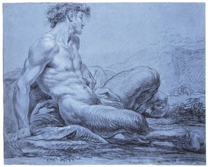 Istuva faun, n. 1755-1757 (mustavalkoinen liitu siniselle levitetylle paperille) tekijältä Jean II Restout