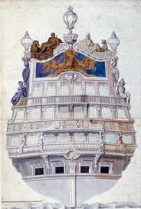 Le Soleil Royal -laivan perän koristelu” Jean I Berainin (1640-1711) akvarelli Sun. 0,6x0,4 m Pariisi, Musee du Louvre