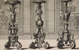 Suuret pronssiset kynttilänjalat, kaiverrus Jean Berain (1640-1711) teoksesta L