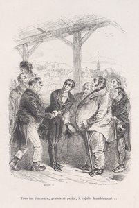 Kaikki äänestäjät, suuret ja pienet, kokoontuvat nöyrästi houkuttelemaan toisiaan... Pienistä kurjista, 1843. tekijältä Jean Ignace Isidore Gérard