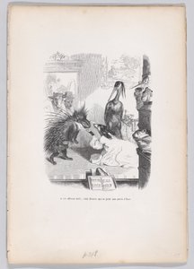 Tässä pelottavassa tarinassa Zemire heittäytyy Azorin jalkojen juureen Scenes from the ..., ca. 1837-47. tekijältä Jean Ignace Isidore Gérard