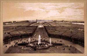 Yleisnäkymä Versaillesin puistosta ja palatsista, julkaisija Auguste Bry (litho)