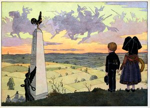 Kyläni, ne, jotka eivät unohda:Taistelukenttä (Geisbergin muistomerkki, jossa kaksi Spinner-lasta poseeraa Hansille); tekijältä Jean Jacques (1873 1951) Waltz