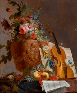 "Asetelma kukkien ja viululla" Jean-Jacques Bachelierin (1724-1806) maalaus noin 1750 - Öljy kankaalle - 88,9x73,5 - Etelä-Australian taidegalleria