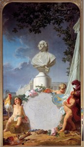 Tieteellinen Eurooppa Ranskan loiston allegorinen esitys, Ludvig XVI:n (1754-1793) rintakuva hallitsee Ranskan omaisuuden karttaa, kukkoa, enkeleitä sekä taiteen ja tieteen symboleja. Jean Jacques Bachelierin (1724-1806) maalaus 1762 Versaille