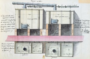 Veden lämmitysjärjestelmän suunnittelu Hotel de Montholonissa Pariisissa, n. 1787 (wc paperilla)