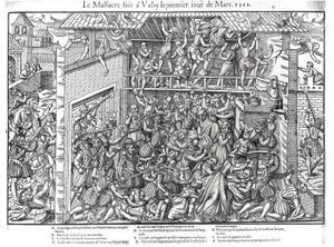 Duc de Guisen joukkojen suorittama protestanttiväestön joukkomurha Wassy-sur-Blaisessa 1. maaliskuuta 1562, kaivertaja Jacques Tortorel (1568-92). tekijältä Jean Jacques Perrissin