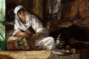 Haremin sisätilat Marokossa, yksityiskohta: nainen soittaa derboukaa. tekijältä Jean Joseph Benjamin Constant
