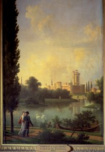 Laxemburgin linna (Itävalta), etualalla Itävallan keisari ja arkkitehtuuritar Marie Louise. Joseph Bidaultin maalaus (1758-1846)