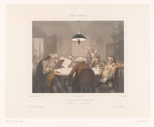 Seitsemän miestä lukemassa pöydässä Le cabinet de lue / Lukuklubi / Das lesecabinet (otsikko esineessä) Kuvaukset erityistehtävistä (sarjan nimi) Musée omnibus (sarjan nimi esineellä) tekijältä Jean Julien Jacott