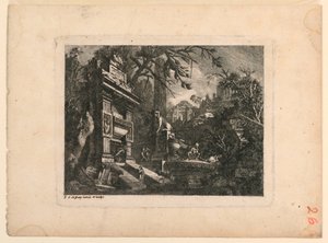 Arkkitehtoninen fantasia haudalla ja raunioilla, lautanen "Giovan Inventione Ruins. Loren, Legeay Architet. Itse veistetty Lucessa 1768"
