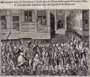 Henrik IV:n (1553 - 1610) esittely Pariisissa 22. maaliskuuta 1594 ja menossa Cathedrale de Notre Dameen messuun - Jean Leclerin kaiverrus Bolleryn jälkeen, Musee de Notre Dame de Paris